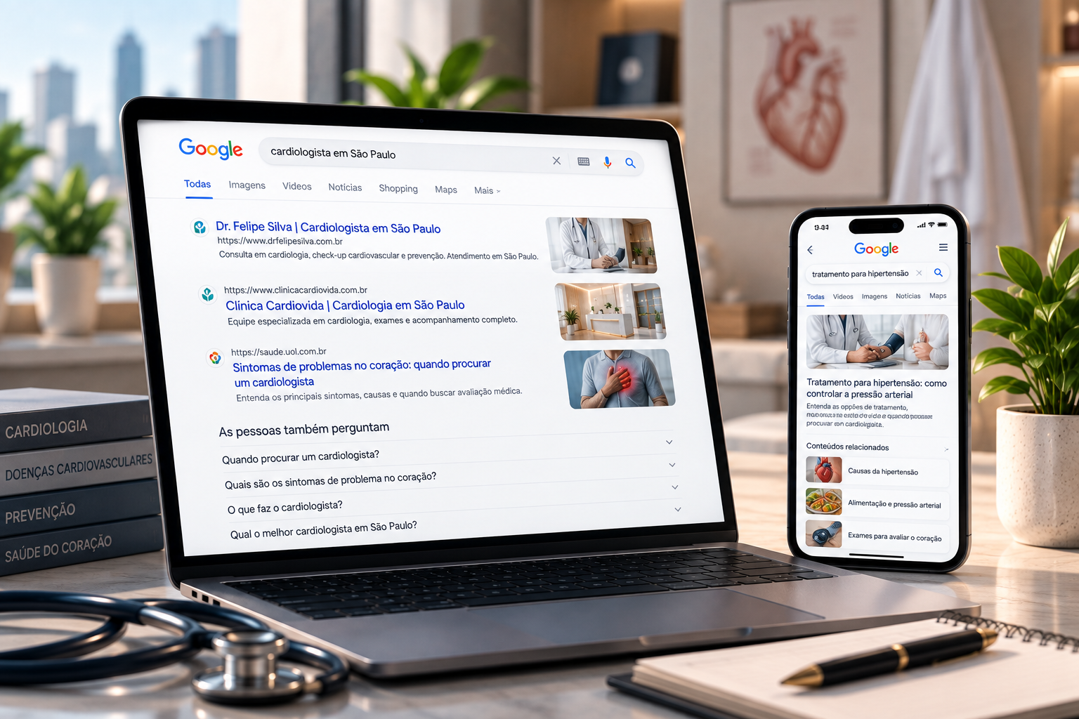Pesquisa no Google +
              resultado orgânico +  página da especialidade