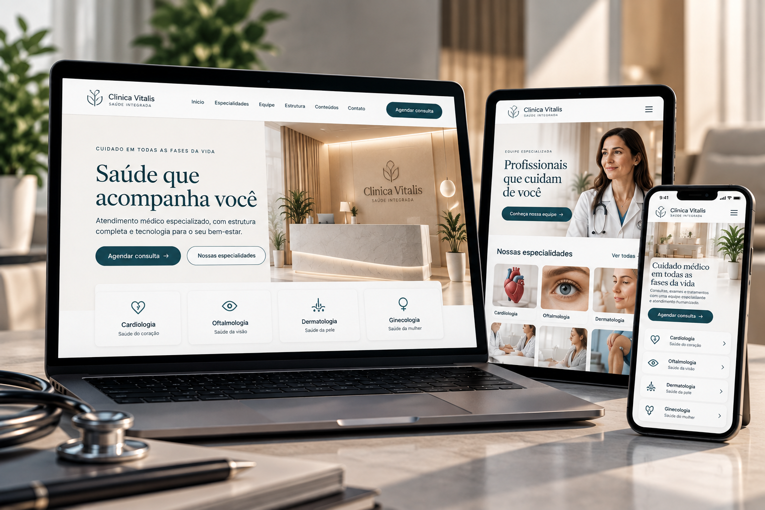 Site médico aberto simultaneamente
              em notebook, tablet e smartphone